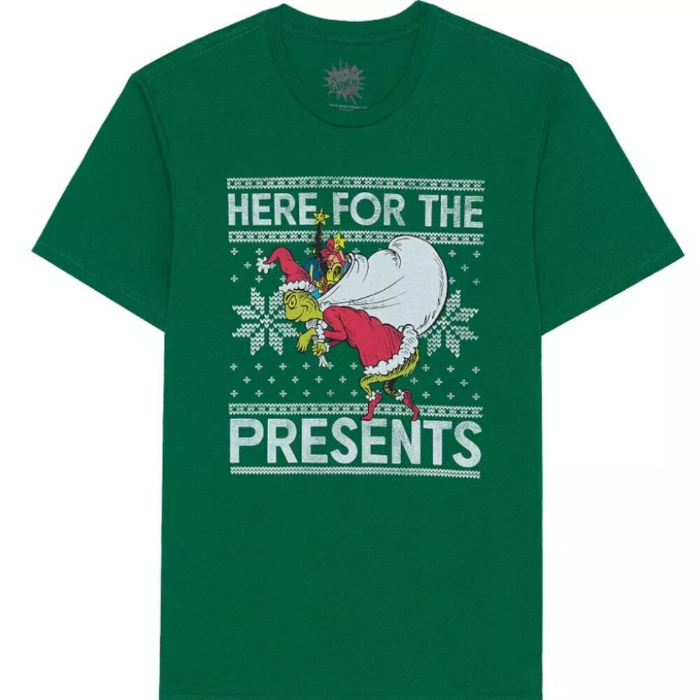 Grinch Here For The Presents Men's Green Graphic Crewneck Short Sleeve T-Shirt